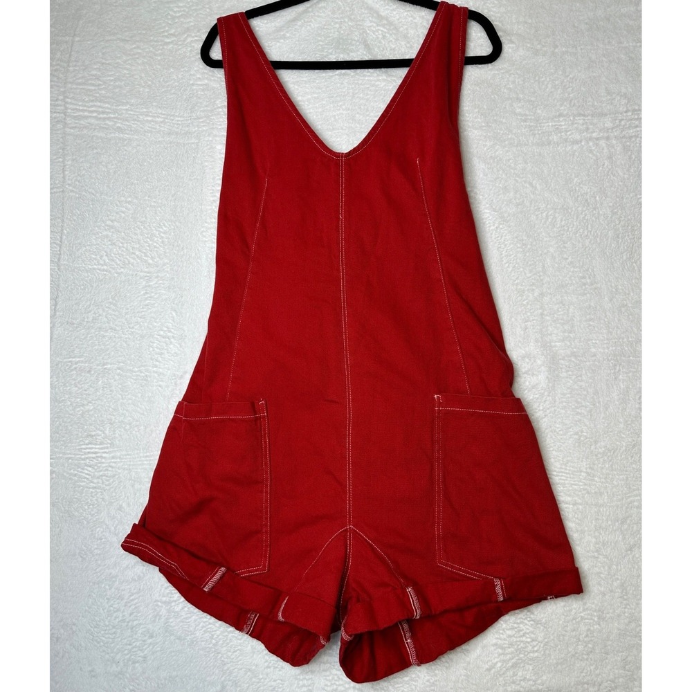 We The Free Overalls Womens XL Red Denim Shortalls Contrast Stitch 0940
